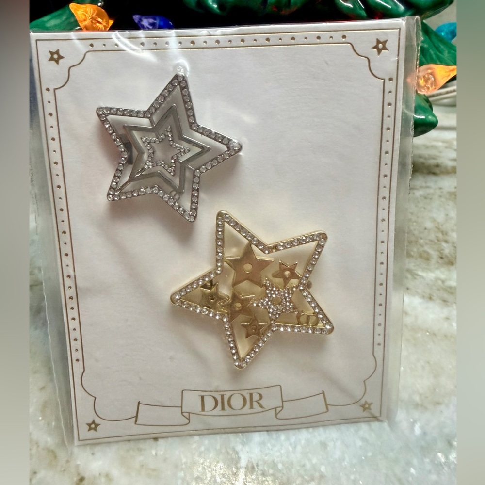Dior Holiday 2026 Star Hair Clips Sealed in Plastic Inset Crystals Silver & Gold